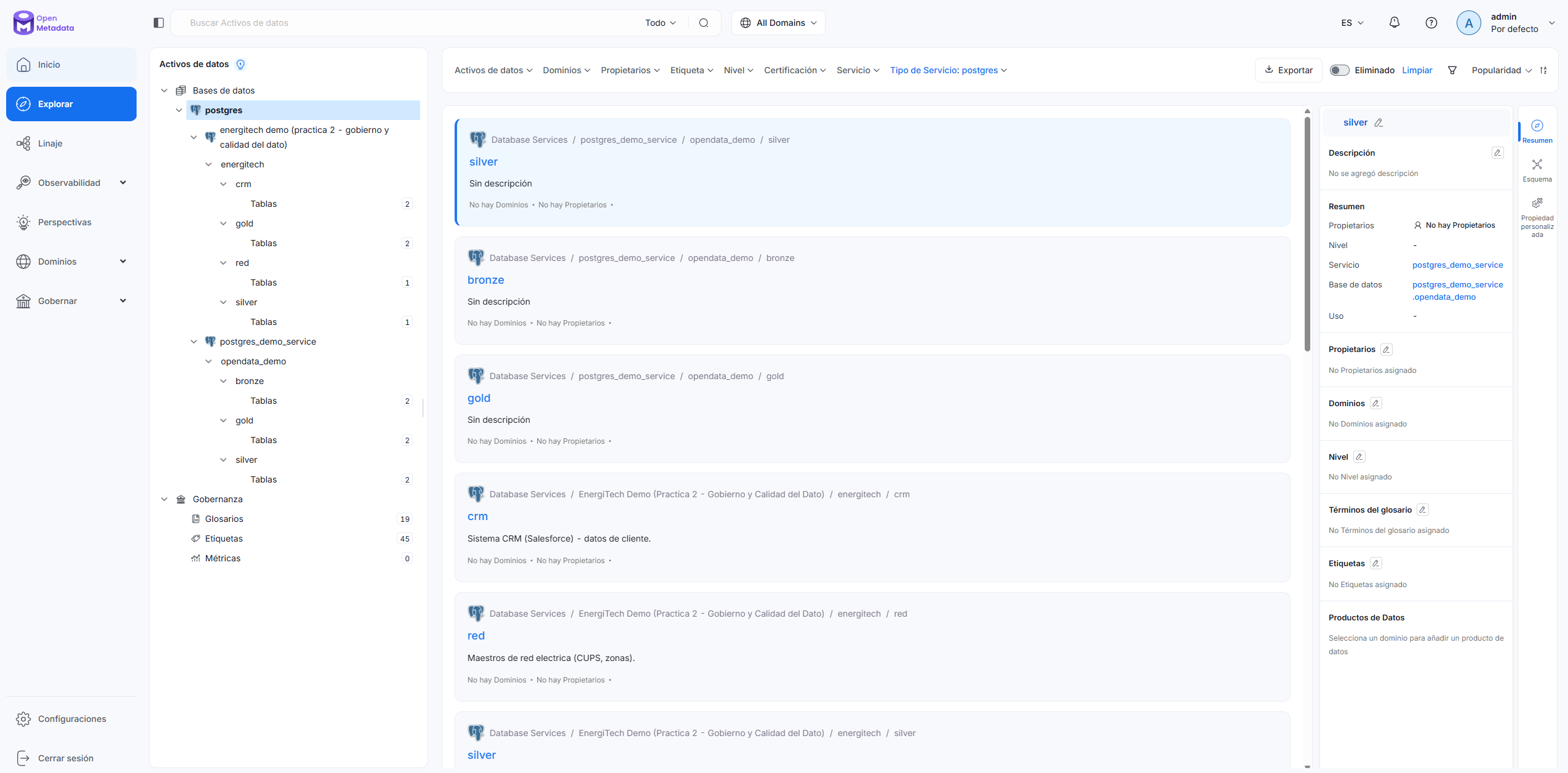 Vista de conjunto del portfolio OpenMetadata de EnergiTech